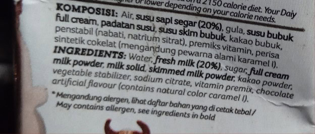 Susu dengan komposisi utama air dengan susu hanya 20% , gula dan perasa sintetik
