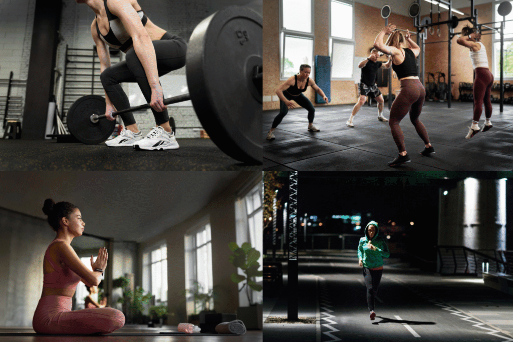 Latihan beban, hiit, yoga, dan jogging terstruktur sebagai contoh exercise