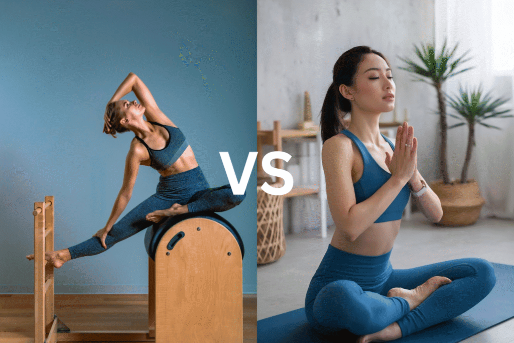 Pilates fokus kontrol gerak, postur & otot inti sedangkan yoga fokus ke fleksibilitas, keseimbangan, dan spiritualitas