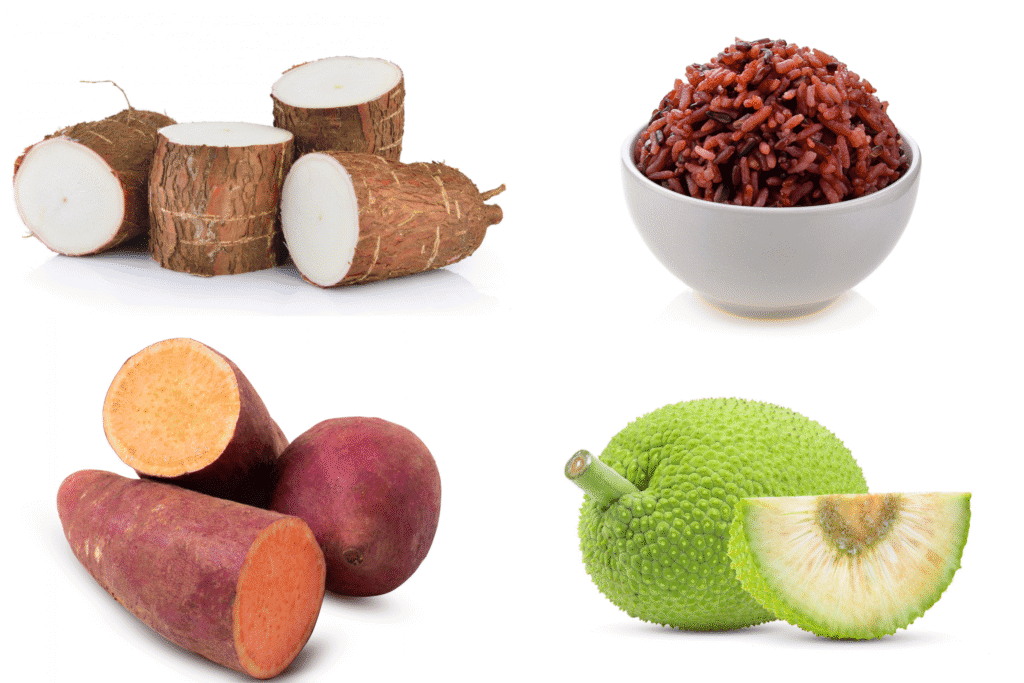 Beberapa alternatif karbohidrat kompleks singkong, nasi merah, ubi, sukun.