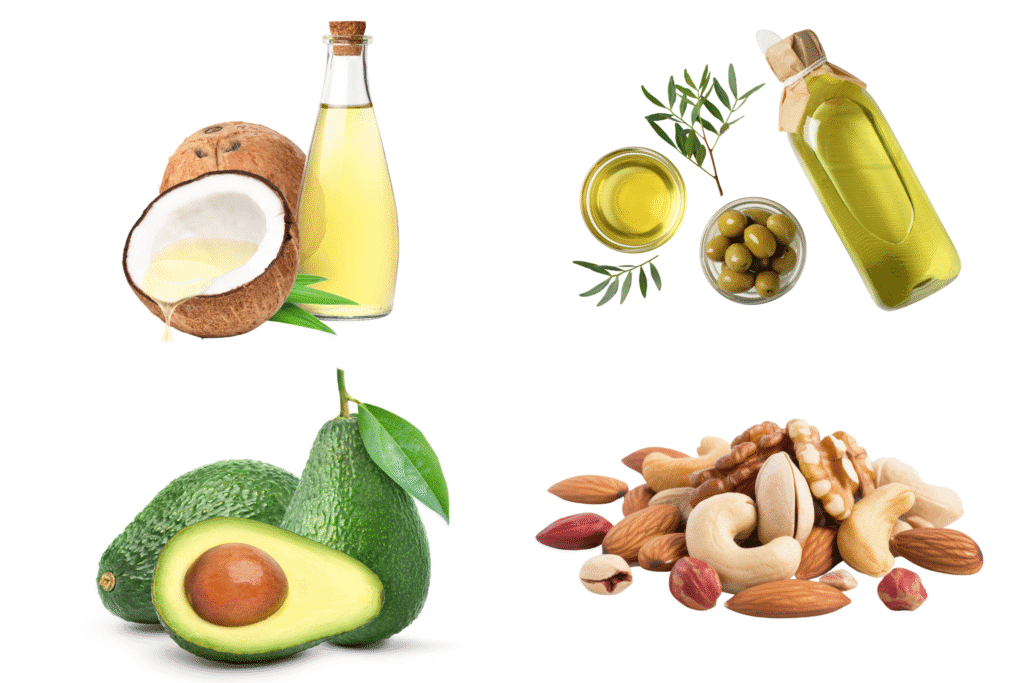 Beberapa sumber lemak sehat minyak kelapa, minyak zaitun, alpukat, dan kacang-kacangan