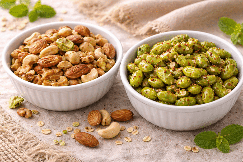 Kacang panggang atau edamame camilan tinnggi protein