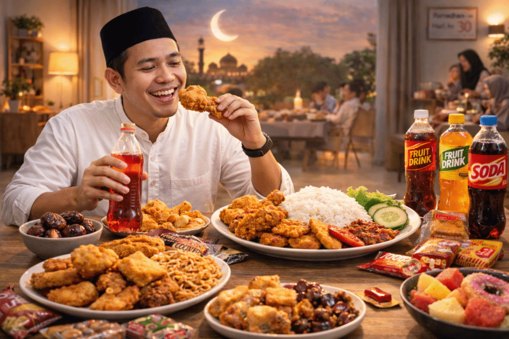 Berbuka puasa dengan minuman tinggi gula, mayoritas karbohidrat dan gorengan membuat defisit kalori sulit terjadi