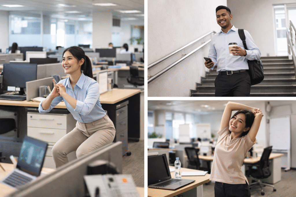 Ide movement snacks ringan di kantor seperti stretching, squat, naik turun tangga