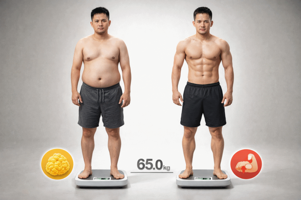 Ilustrasi berat badan sama tapi komposisi tubuh berbeda