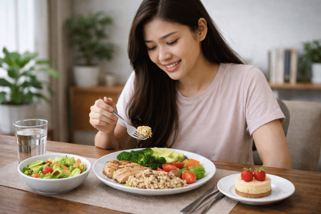Diet seimbang dan bahagai dengan makanan bergizi dan makanan favorit dengan porsi moderat
