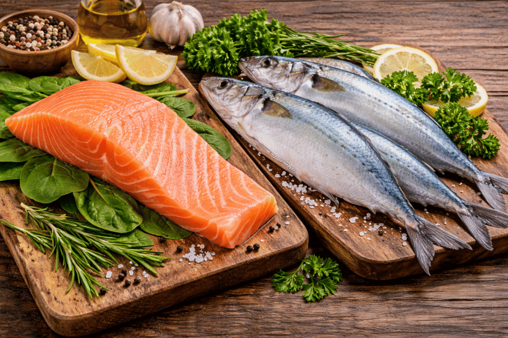 Ikan salmon dan ikan kembung dengan lemak omega-3 yang sehat