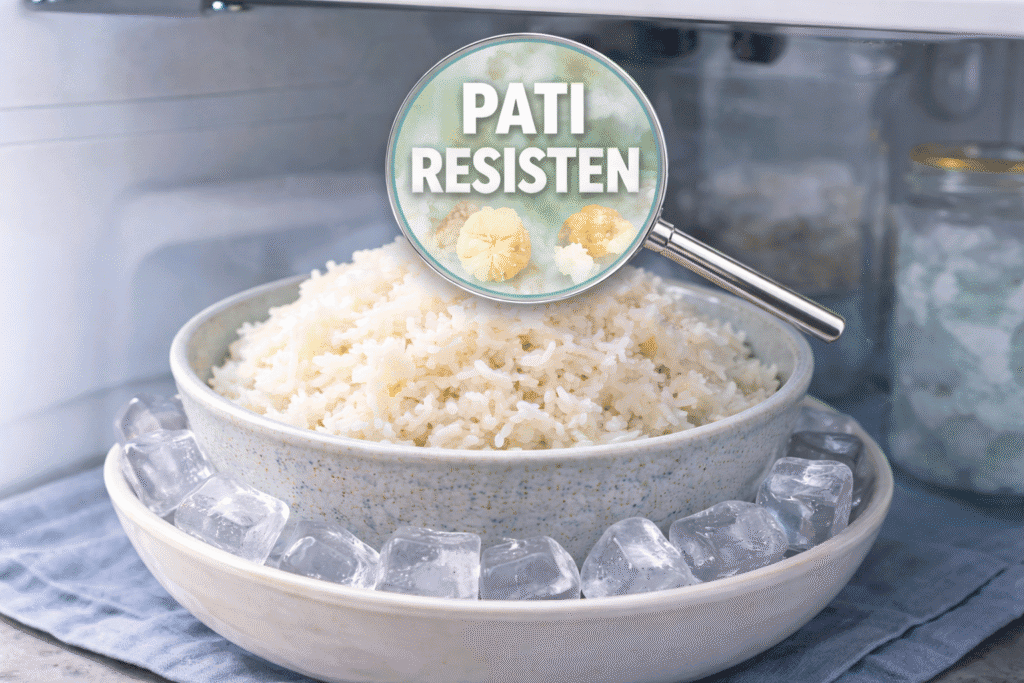 Nasi dingin dengan ilustrasi perubahan struktur karbohidrat menjadi pati resisten.