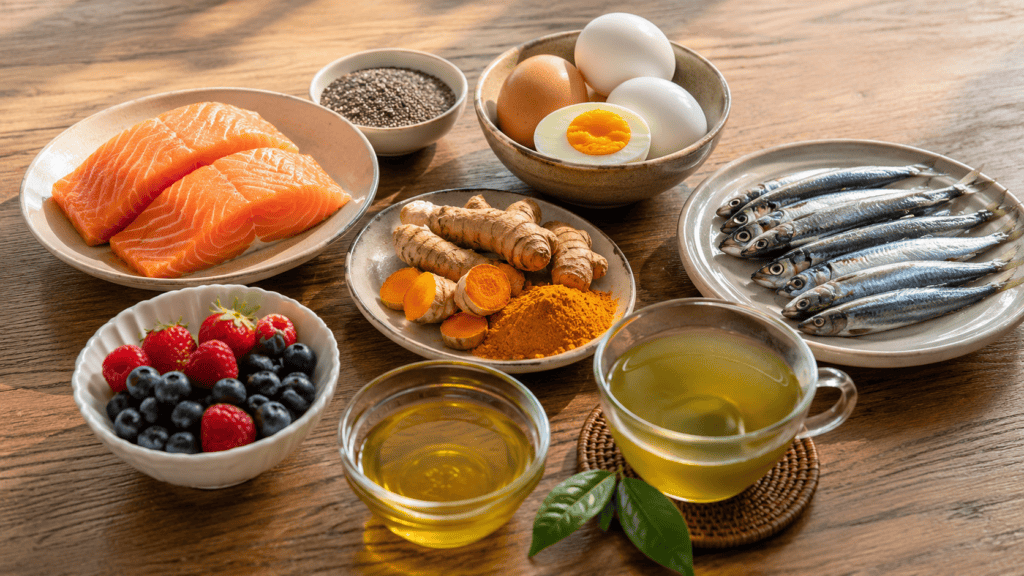 Bahan makanan antiinflamasi seperti salmon, kunyit, berries, chia seed, olive oil, dan teh hijau