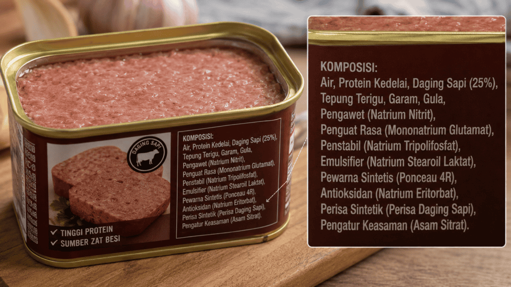 Ilustrasi produk daging kaleng ultra-proses dengan daftar komposisi panjang berisi pengawet, penguat rasa, dan emulsifier