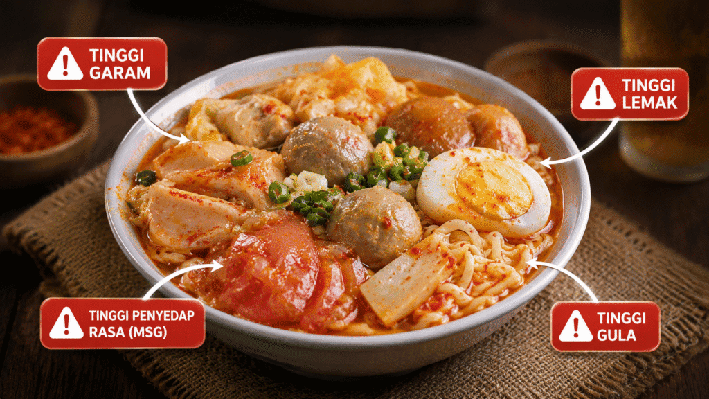 Seblak dengan bakso, mie, dan berbagai olahan tepung lainnya juga saus-saus yang tinggi garam, MSG, gula dan lemak