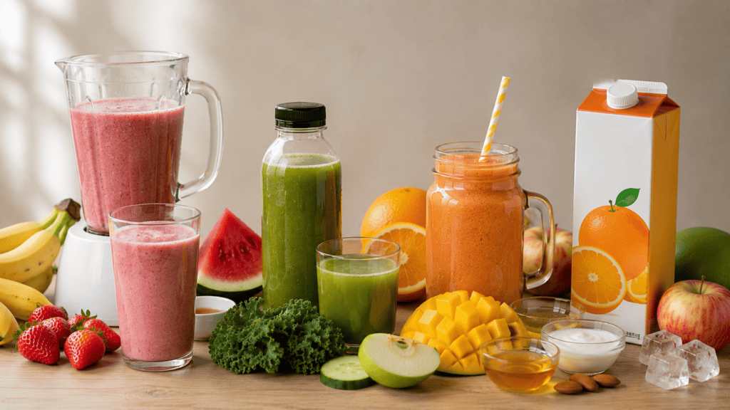 Ilustrasi berbagai olahan buah seperti jus blender, cold pressed juice, smoothies, dan jus kemasan