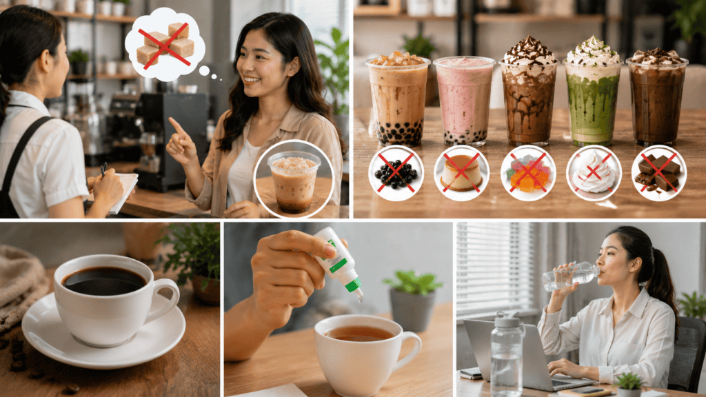 Ilustrasi cara mengurangi liquid calories dengan memilih less sugar, tanpa topping, dan lebih banyak minum air putih.