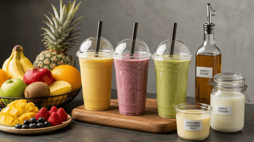 Ilustrasi jus buah kekinian dengan tambahan sirup, yogurt manis, dan susu kental manis