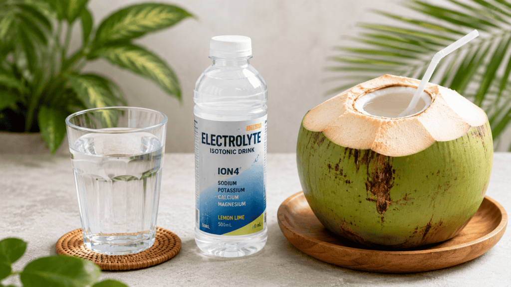 Air putih, minuman elektrolit, dan air kelapa sebagai sumber cairan untuk membantu menjaga hidrasi tubuh