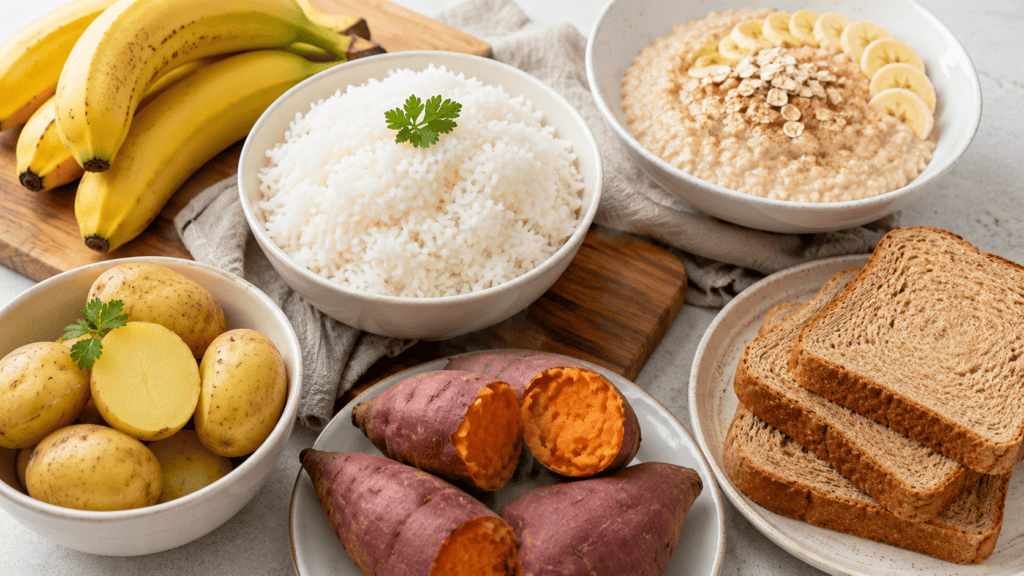 Aneka sumber karbohidrat sehat seperti nasi, pisang, oatmeal, kentang, ubi, dan roti gandum