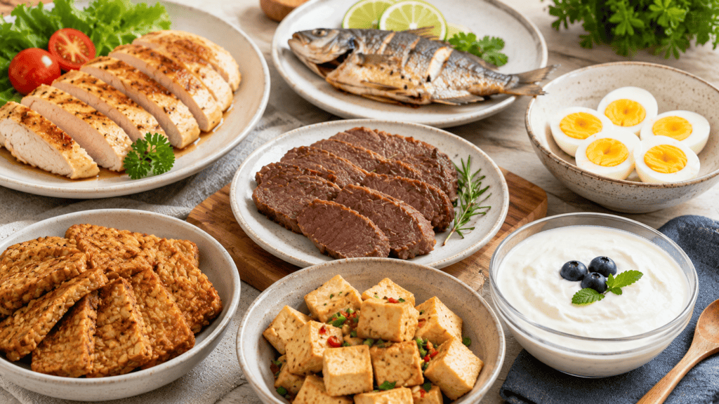 Aneka sumber protein matang seperti dada ayam, ikan, telur, daging sapi rendah lemak, tempe, tahu, dan Greek yogurt
