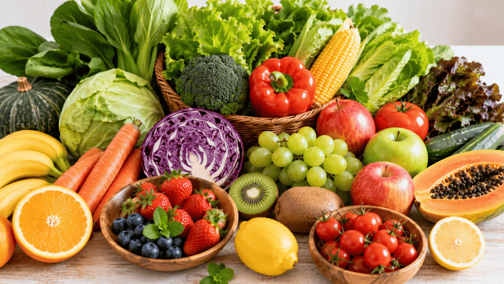 Beragam sayuran dan buah segar sebagai sumber vitamin, mineral, dan serat