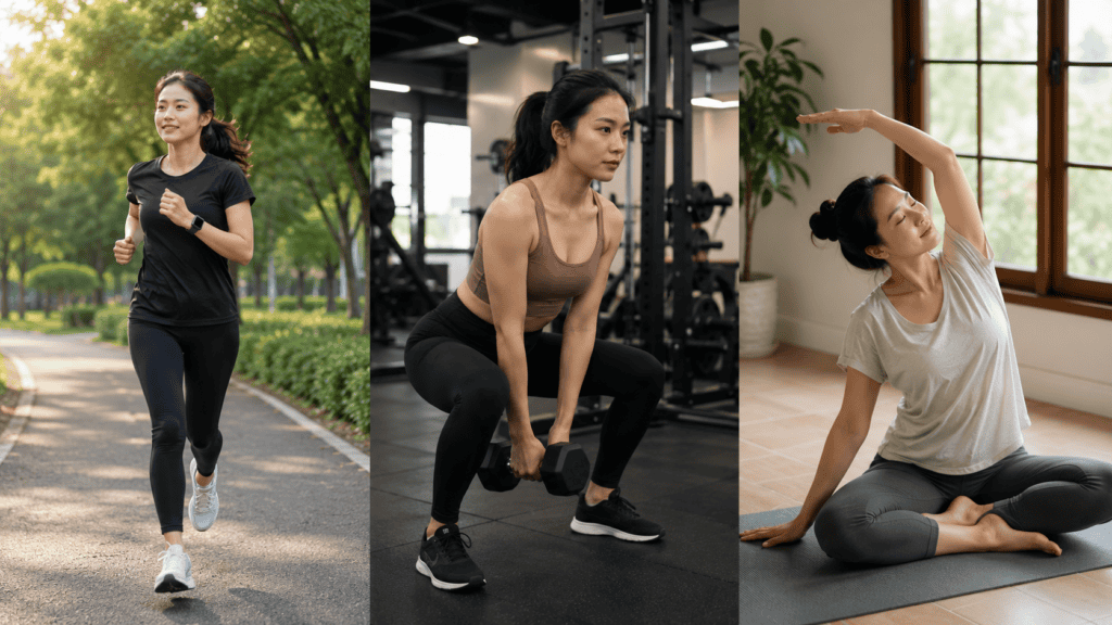 Jogging, latihan kekuatan, dan yoga untuk tubuh aktif & bugar