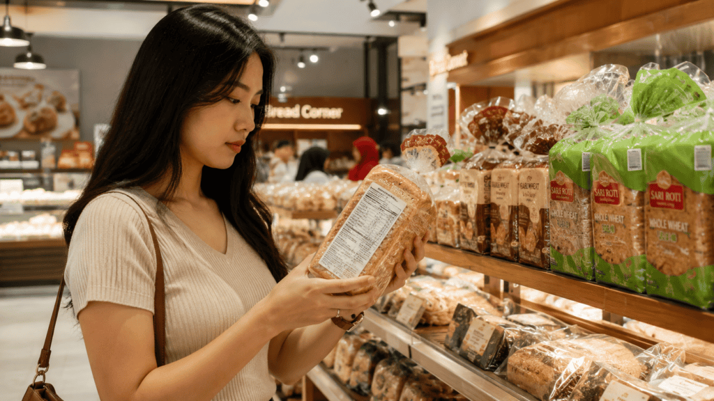 Membiasakan membaca label nutrisi sebelum membeli roti