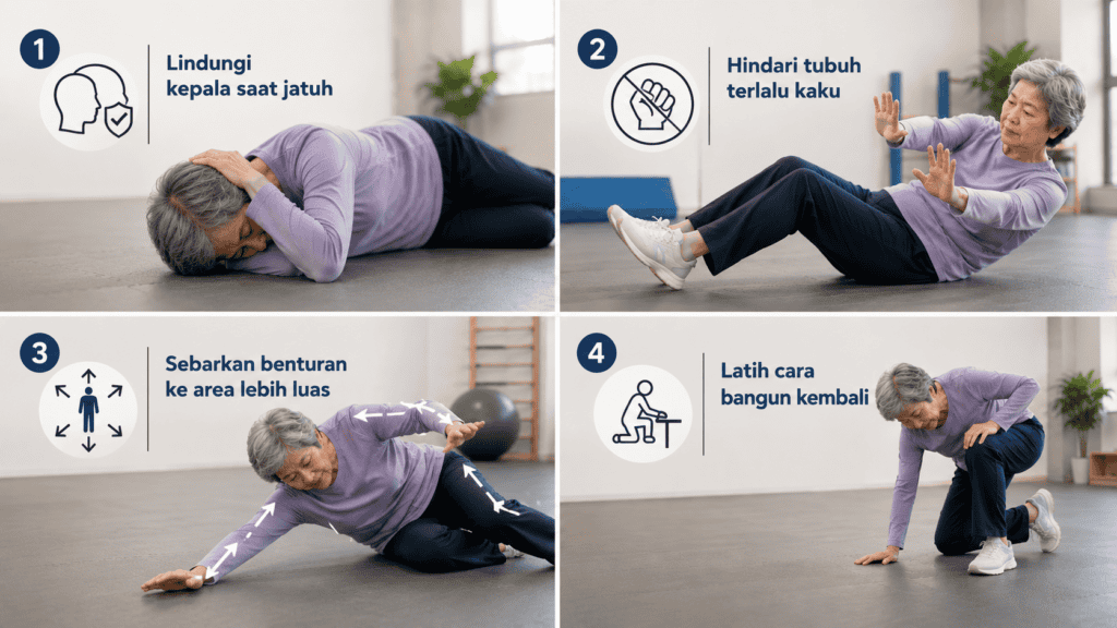 Ilustrasi prinsip breakfall pada lansia. Latihan perlu dilakukan dengan pendampingan profesional