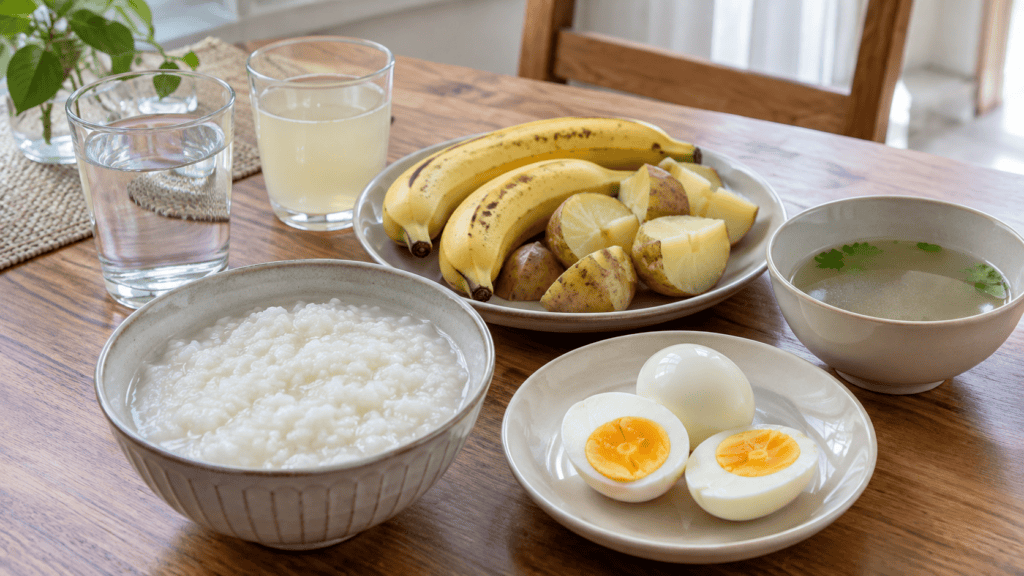 Bubur, pisang, kentang rebus, telur, sup bening, dan minuman untuk asupan saat diare