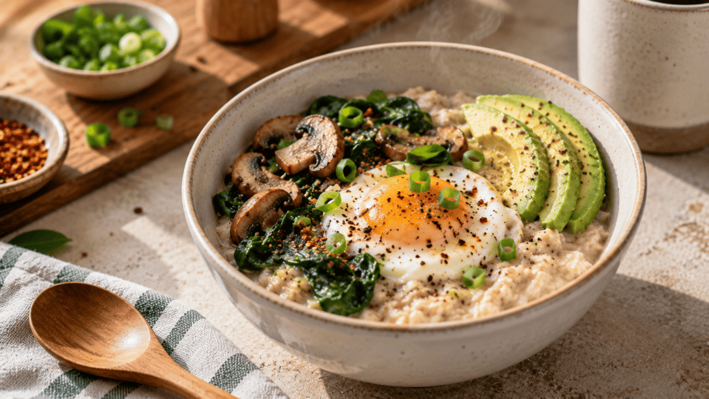 Oatmeal gurih dengan telur, alpukat dan jamur