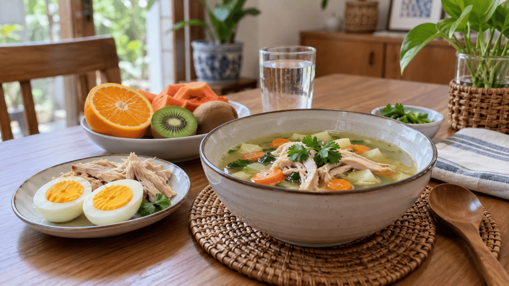Semangkuk sup ayam dengan telur rebus, buah, dan air putih untuk asupan saat flu