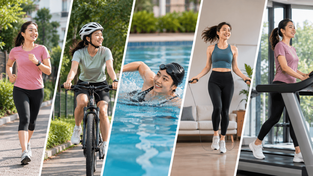 Contoh olahraga kardio jogging, bersepeda, berenang, lompat tali, dan treadmill
